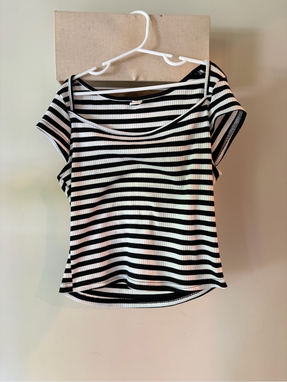 SHEIN Black & White Striped Ribbed Short Sleeve Top